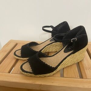 Ralph Lauren Chrissie Leather Suede Black Espadrille Wedge Sandals